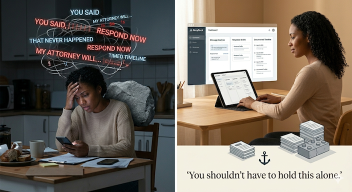 Left: a woman overwhelmed by accusatory messages at her kitchen table. Right: the same woman composed at a desk using GreyRock, with the caption 'You shouldn't have to hold this alone.'